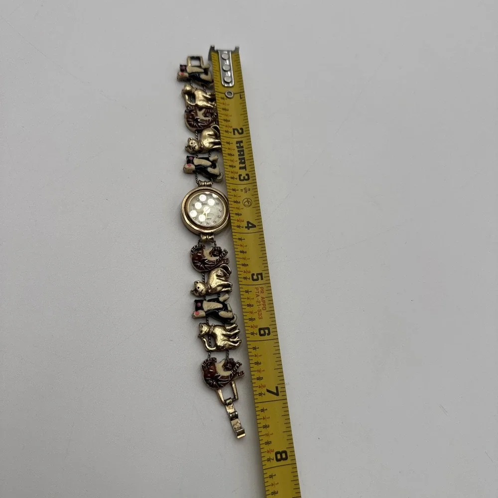 VTG Jennie B Enamel Cats Gold Tone Slide Charm Bracelet Wrist Watch Not Tested